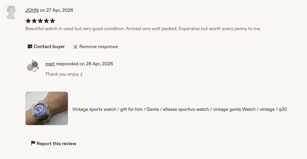 Five-star customer review for a vintage watch purchased from VintageWatches.online